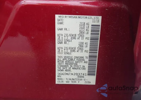 2018 Nissan Murano Sl z USA, uszkodzony, nr VIN 5N1AZ2MG7JN203741